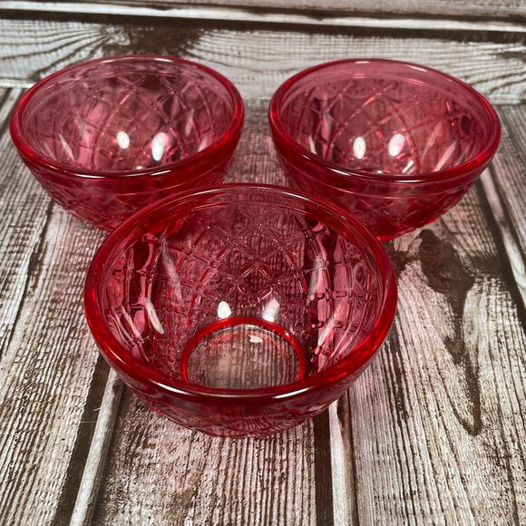 Set of 3 Pink Embossed Quilted Pattern Small Sauce Glass Bowls Ramekins 3.4 oz - Picture 2 of 6